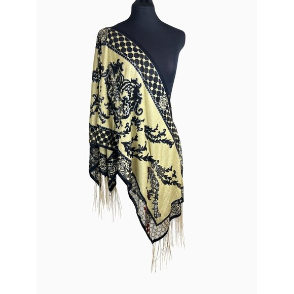 Black Tan 7-Way Scarf Poncho Top Metallic Threading  Fringe By Kokomo Unlimited - Picture 2 of 12